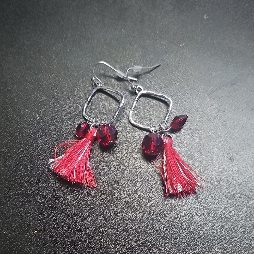 Red Tassel Drop Earrings with Crystal Beads - Unbranded